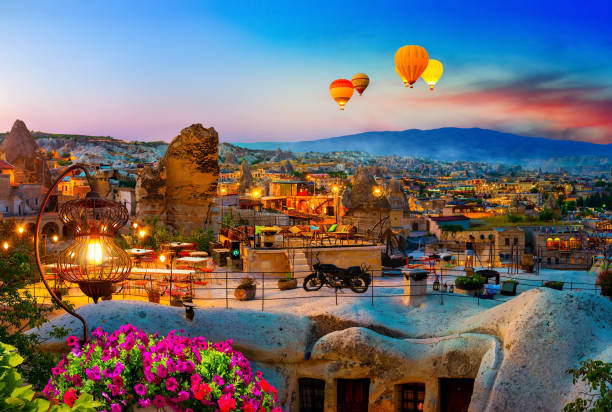 Goreme town on sunset in Cappadocia, Central Anatolia,Turkey